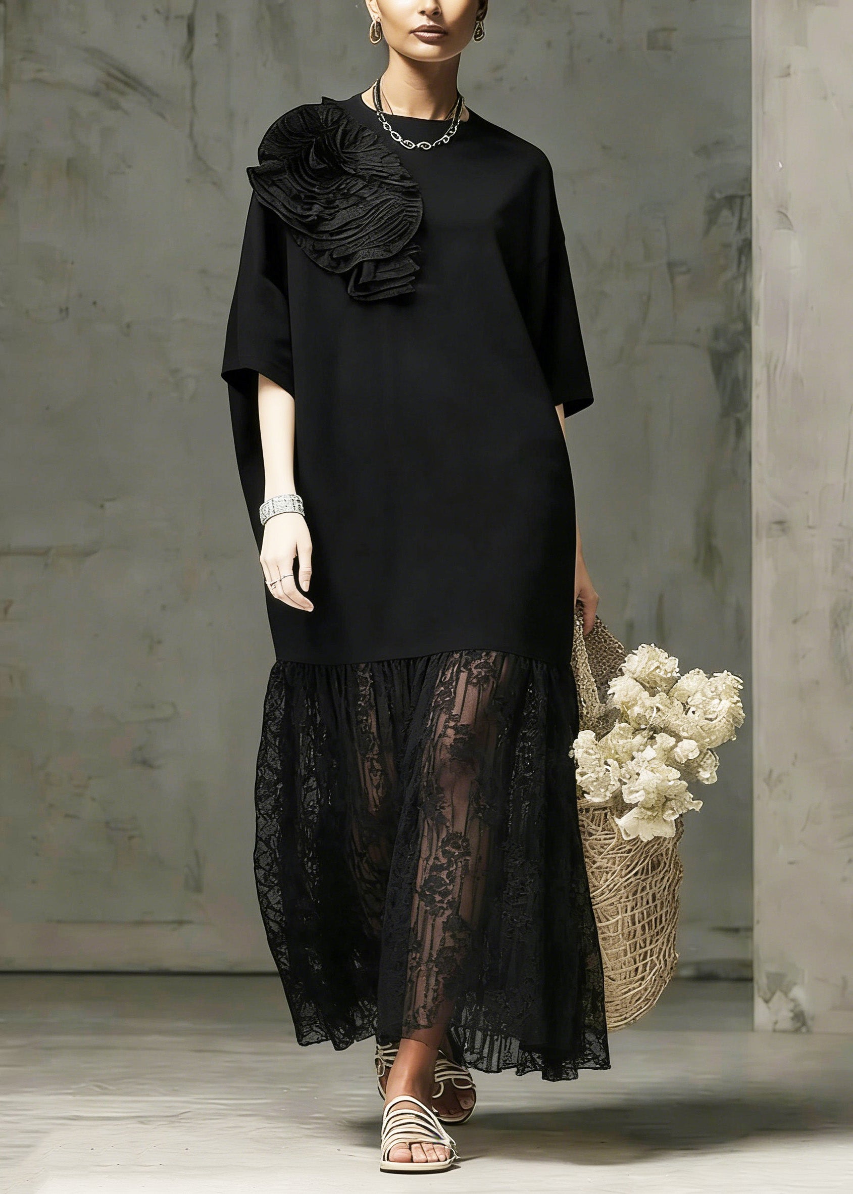 Boutique Black O Neck Floral Lace Patchwork Cotton Dress Summer