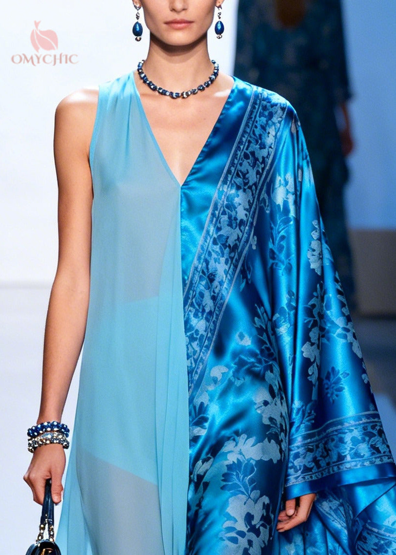 Boutique Blue Asymmetrical Patchwork Exra Large Hem Silk Dresses Summer