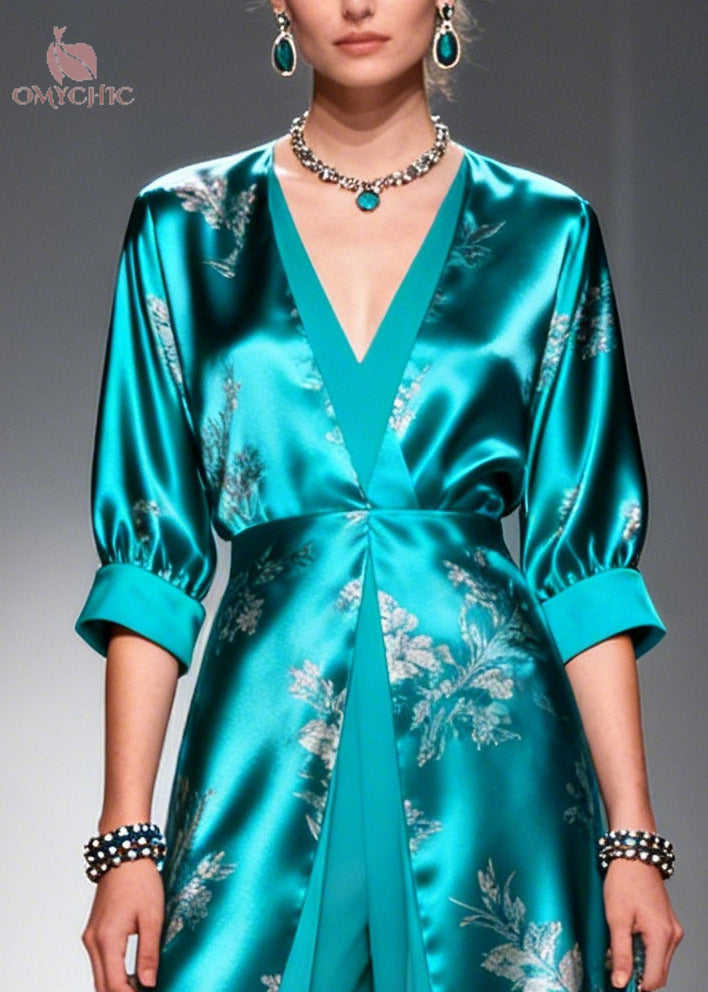 Boutique Blue V Neck Patchwork Print Silk Fake Two Piece Dresses Summer