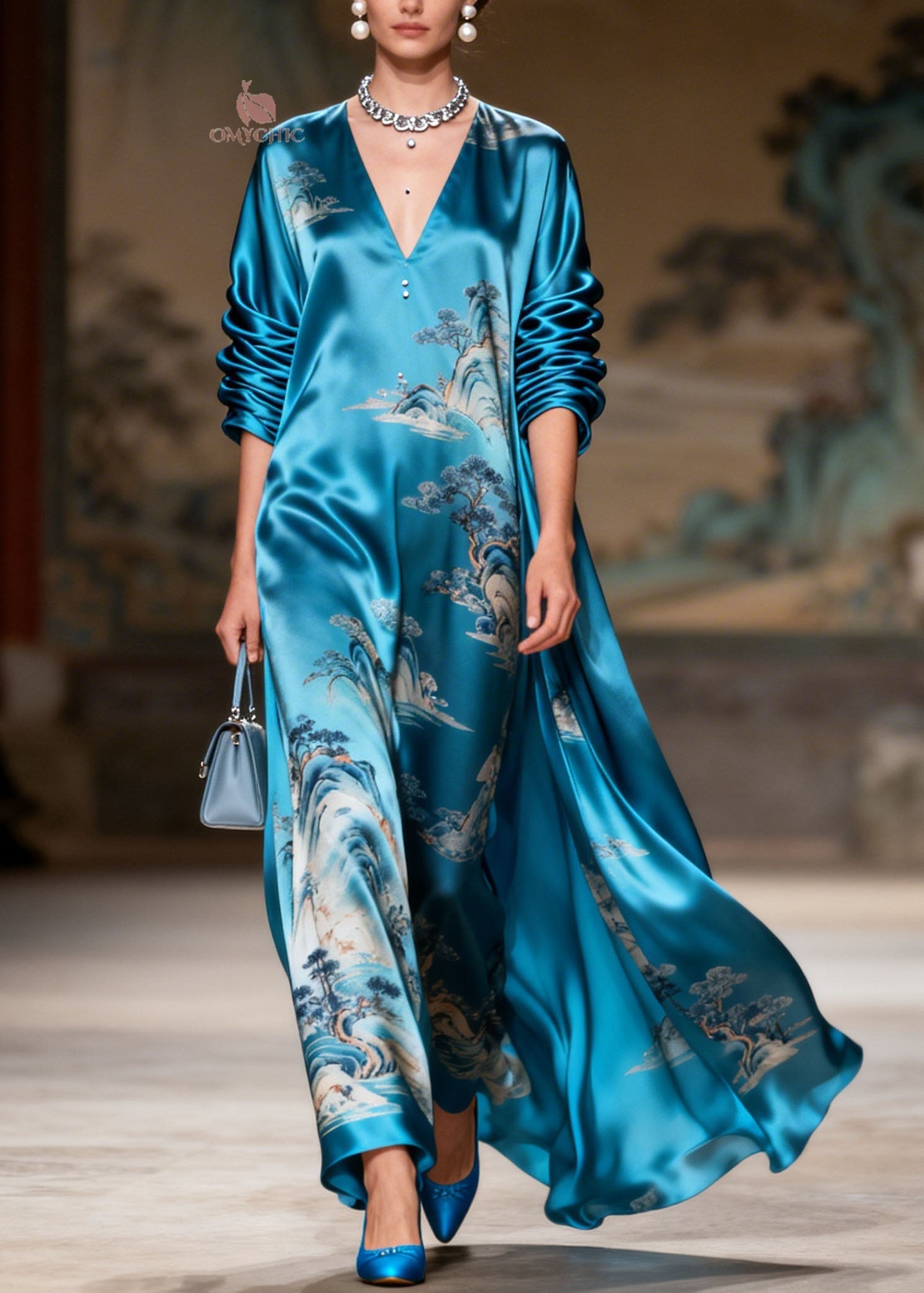 Boutique Blue V Neck Print Silk Long Dress Summer