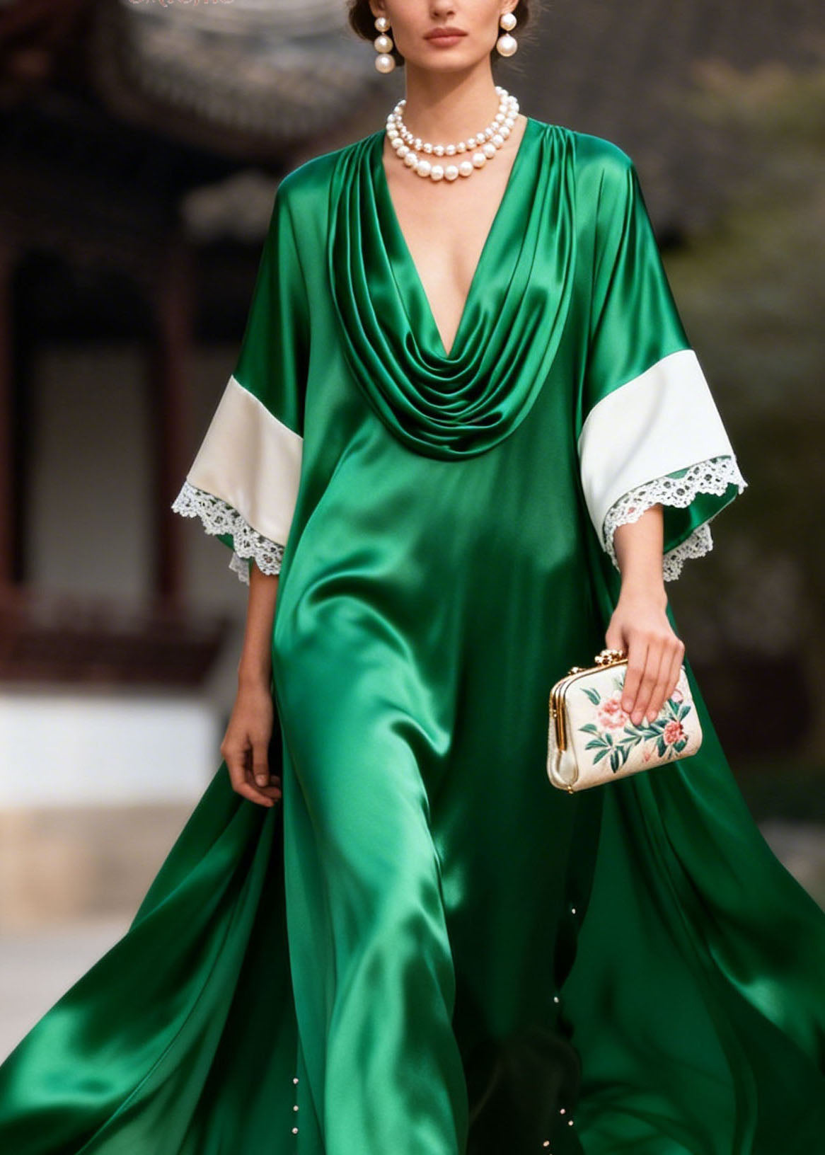 Boutique Green Lace Patchwork Nail Bead Silk Dress Summer