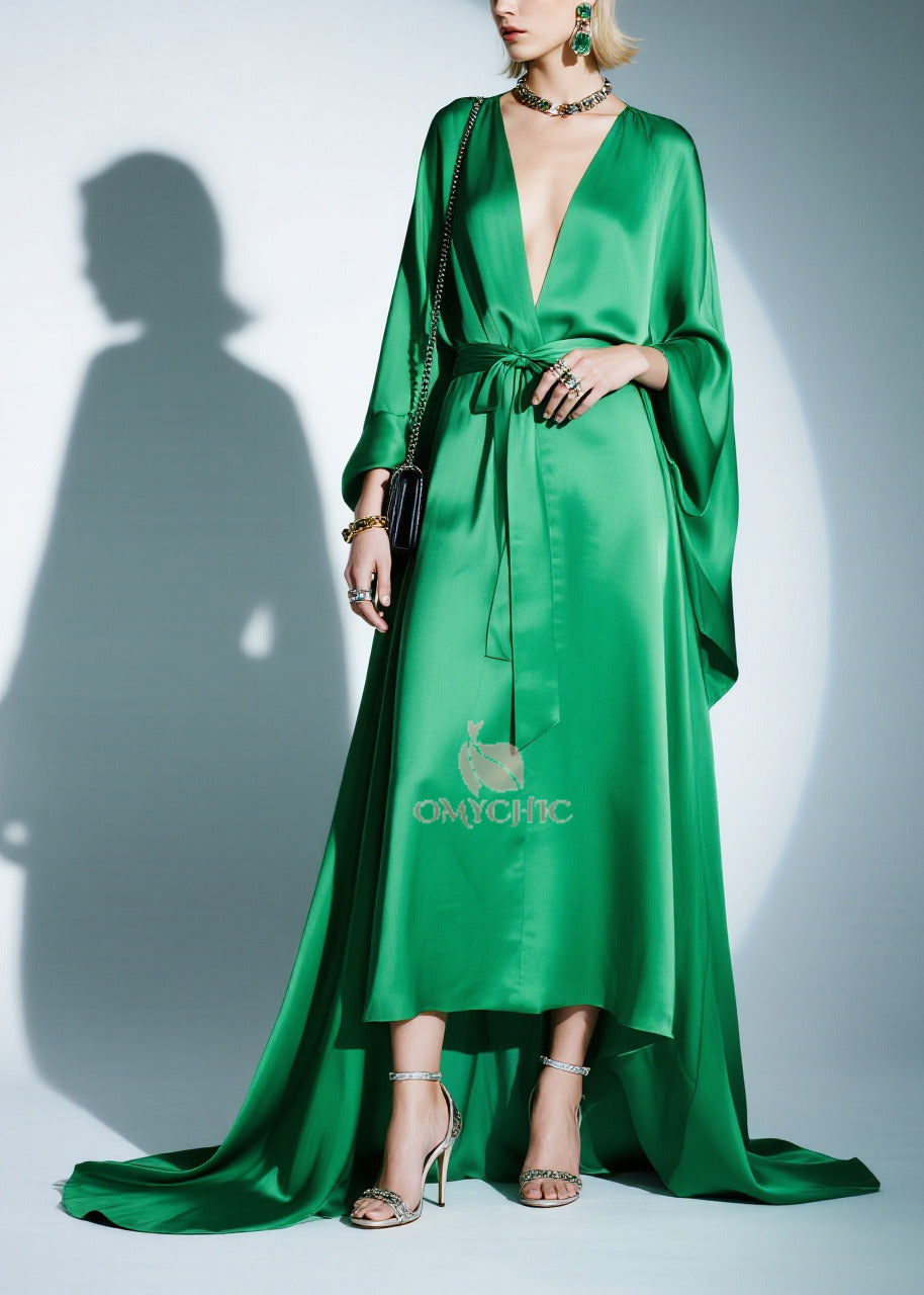 Boutique Green Tie Waist Exra Large Hem Silk Party Dresses Batwing Sleeve