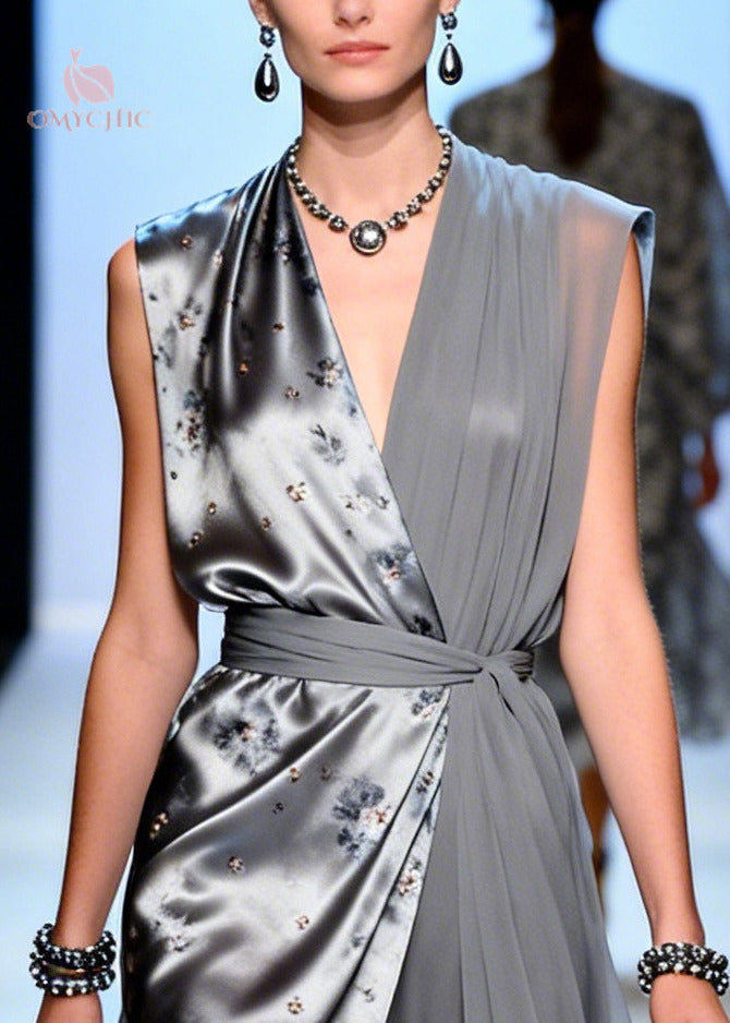 Boutique Grey Asymmetrical Print Chiffon Tunic Dress Summer