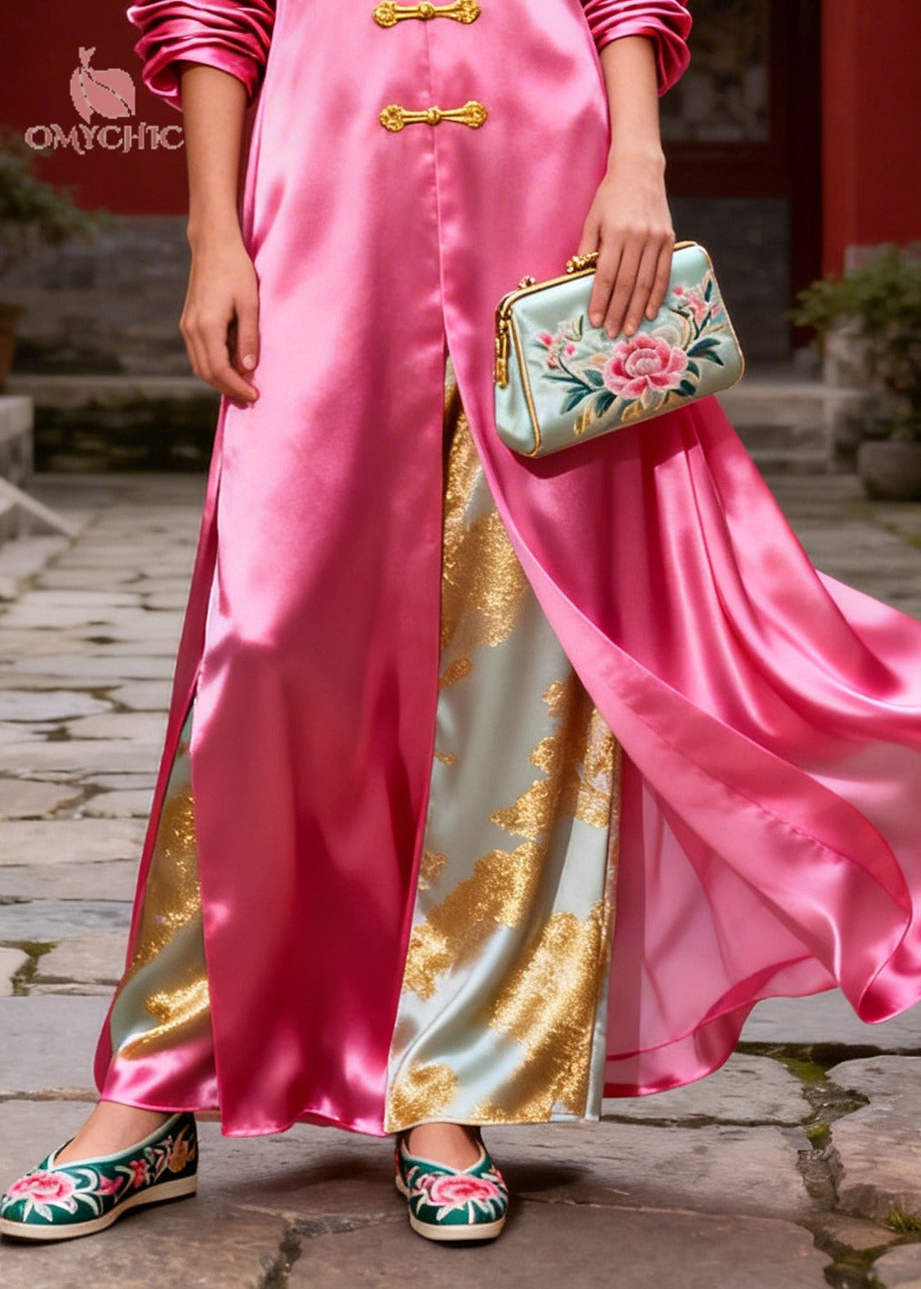 Boutique Pink Oversized Chinese Button Silk Fake Two Piece Dress