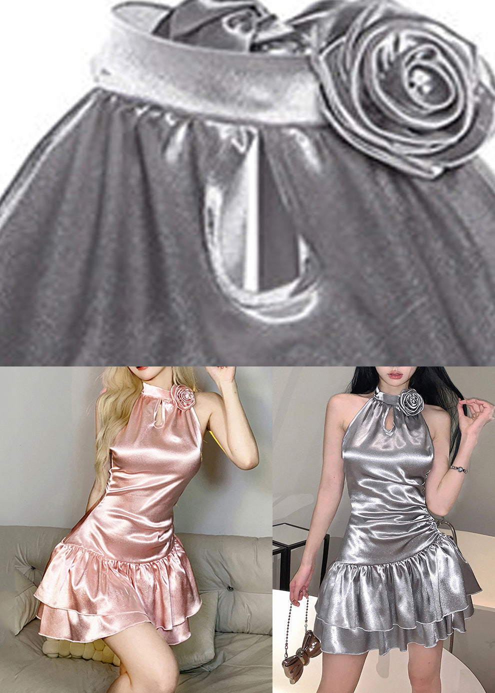 Boutique Silver Stand Collar Rose Hollow Out Mid Dress Summer