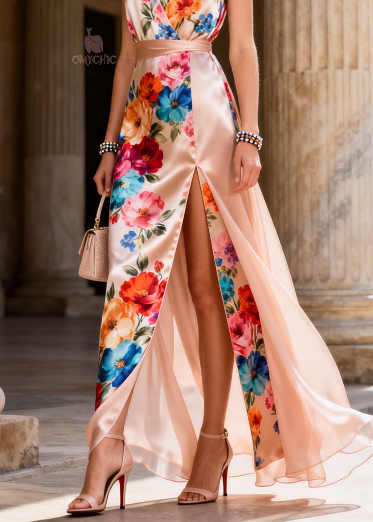 Boutique V Neck Print Side Open Chiffon Dresses Summer