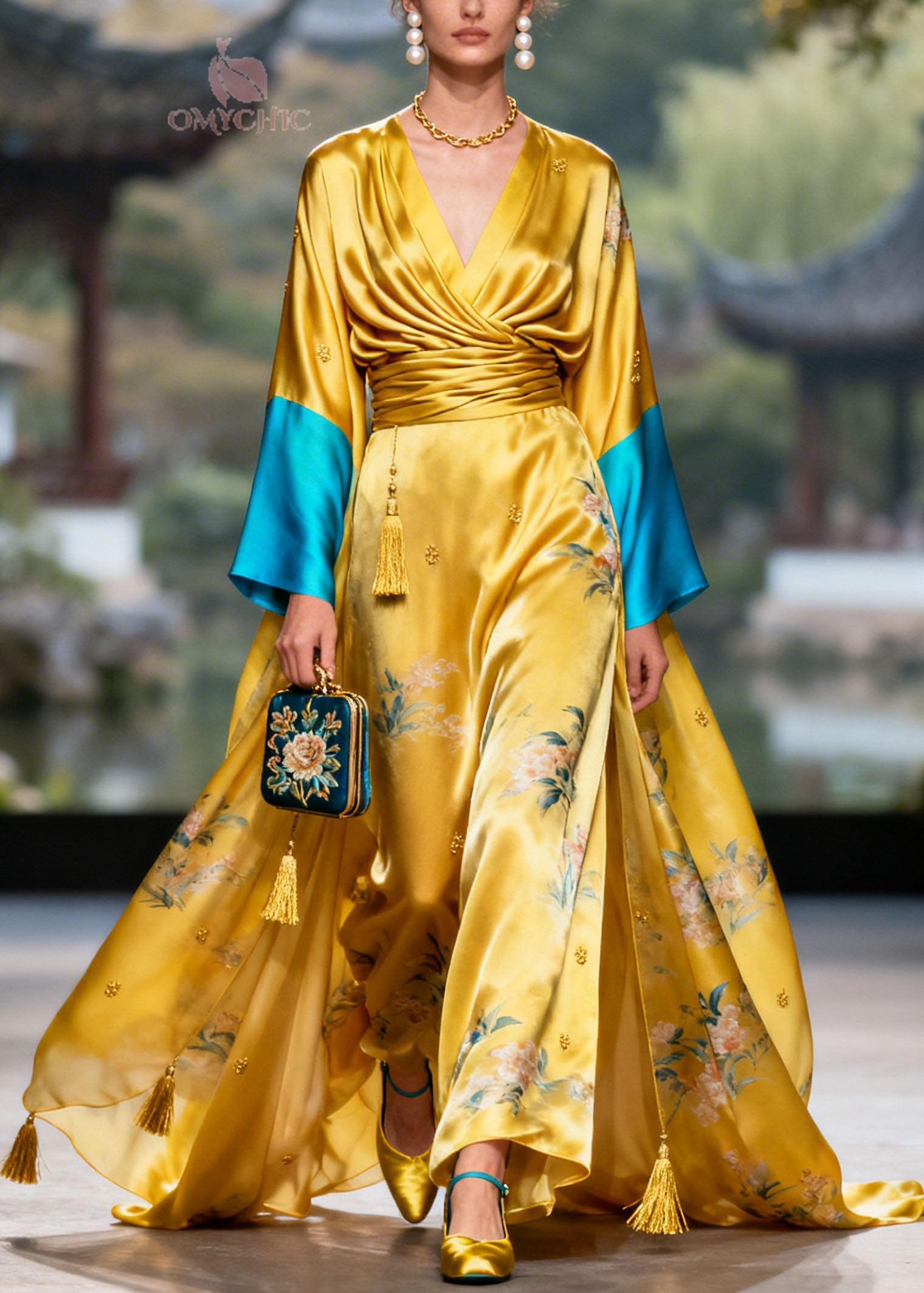 Boutique Yellow V Neck Tassel Jacquard Patchwork Silk Dress