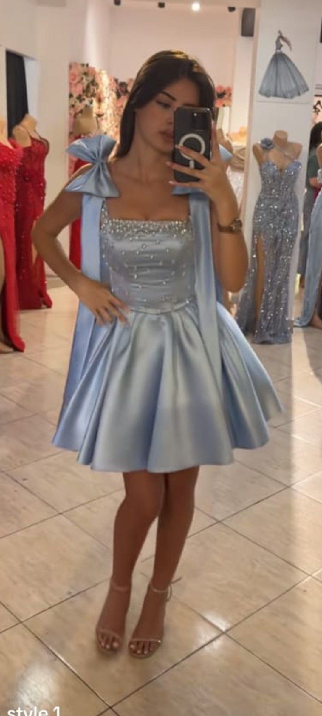 Bow Straps A-Line Blue Birthday Dress Satin Homecoming Dress