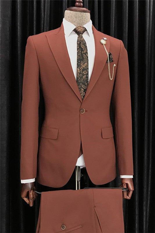 Brick Red Close Fitting Peaked Lapel Prom Suit