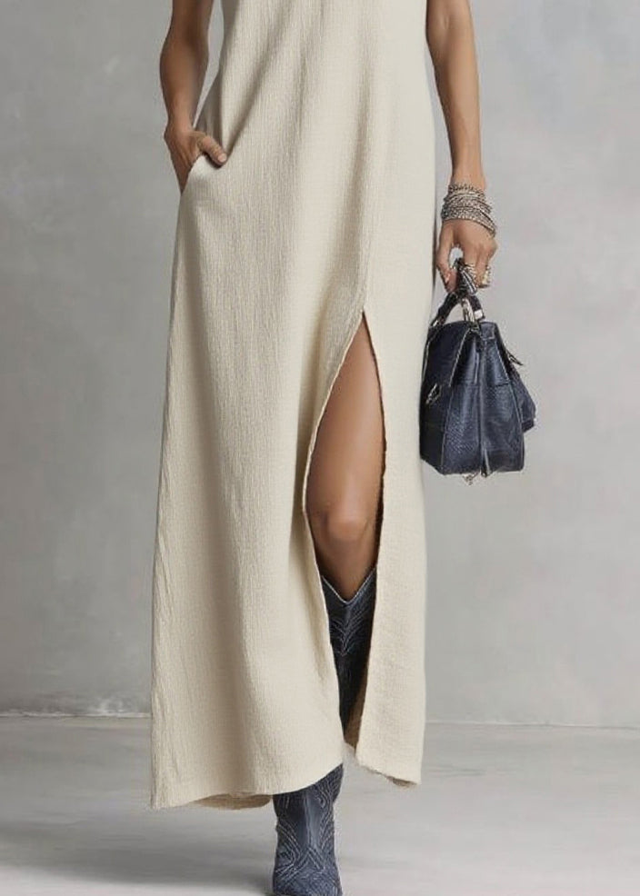 Brief Ramie V Neck Pockets Patchwork Solid Maxi Dresses Summer