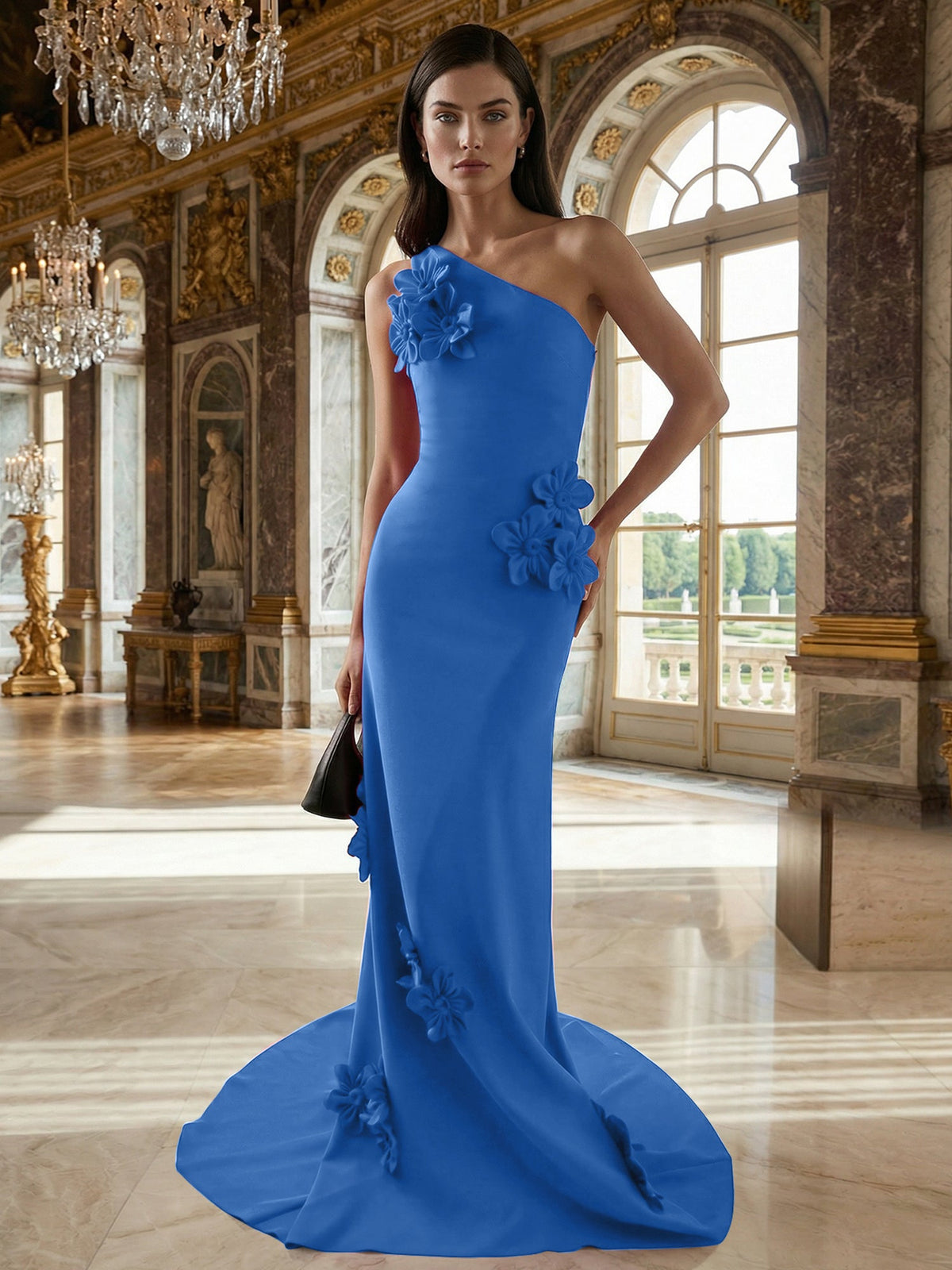 A-Line One-Shoulder Sleeveless Floor-Length Stretch Crepe Dress With 3D Flowers - View 3 | FashionDia