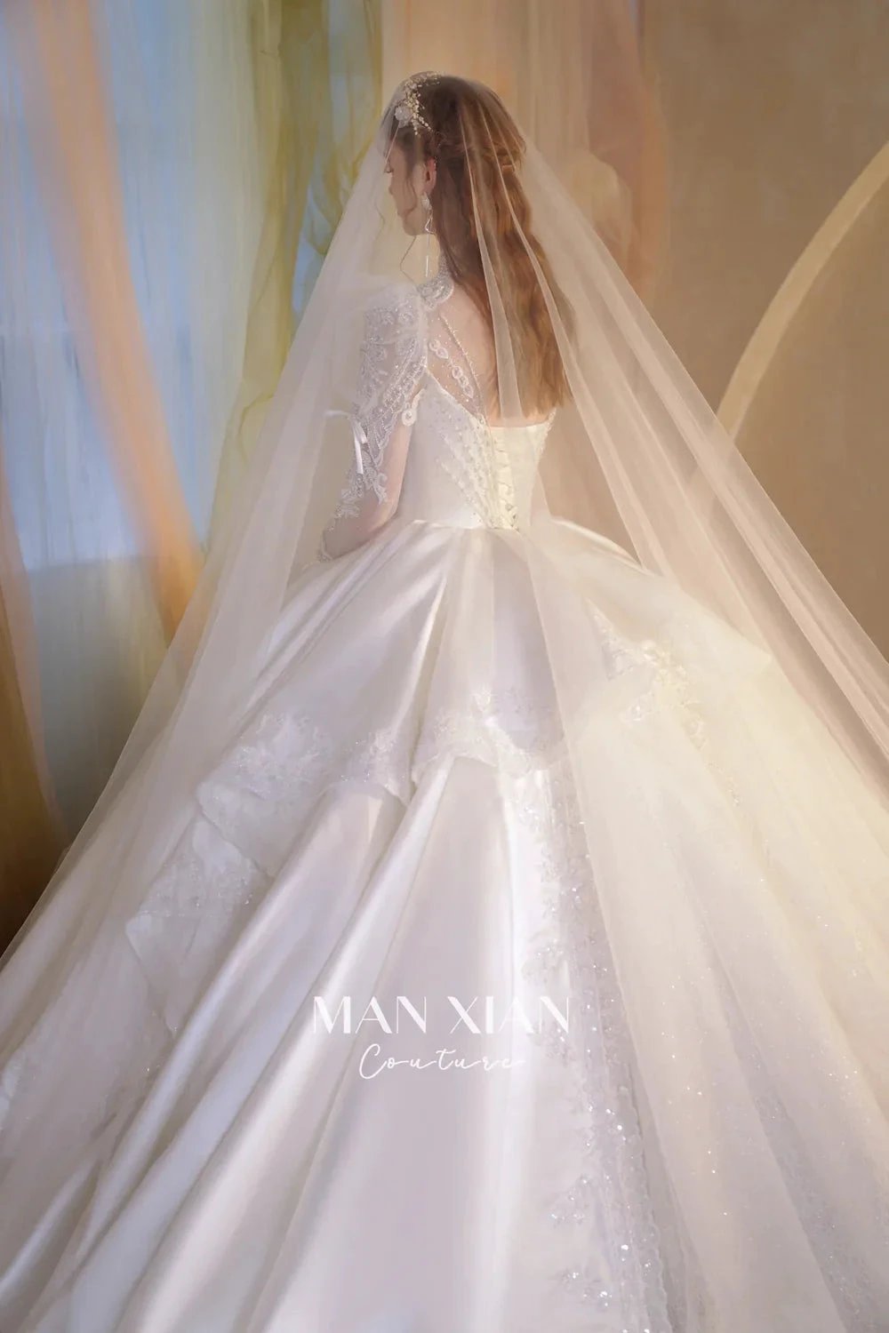Gorgeous Long Ball Gown High Neck Sheer Long Sleeve Satin Wedding Dress with Crystal Embroidery & Train (ZD16940) - View 6 | VelvetHem