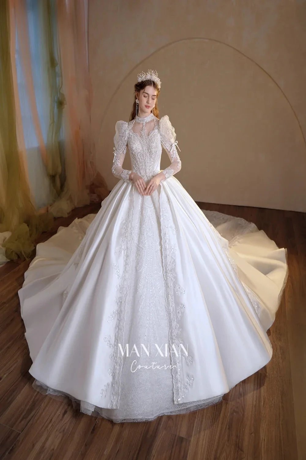 Gorgeous Long Ball Gown High Neck Sheer Long Sleeve Satin Wedding Dress with Crystal Embroidery & Train (ZD16940)