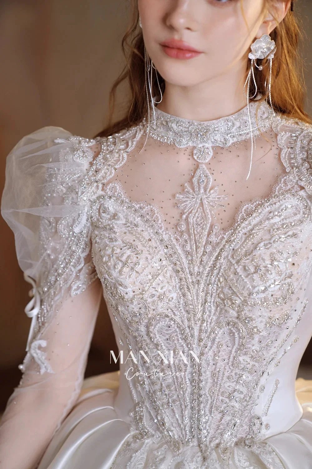 Gorgeous Long Ball Gown High Neck Sheer Long Sleeve Satin Wedding Dress with Crystal Embroidery & Train (ZD16940) - View 4 | VelvetHem