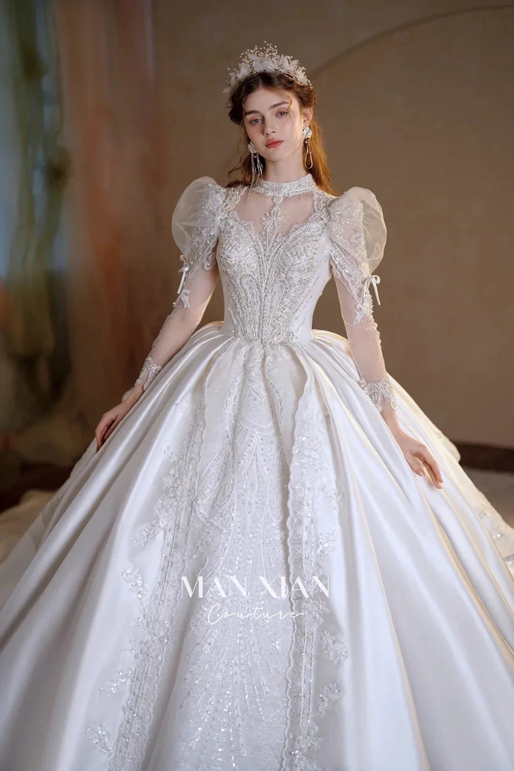 Gorgeous Long Ball Gown High Neck Sheer Long Sleeve Satin Wedding Dress with Crystal Embroidery & Train (ZD16940) - VelvetHem