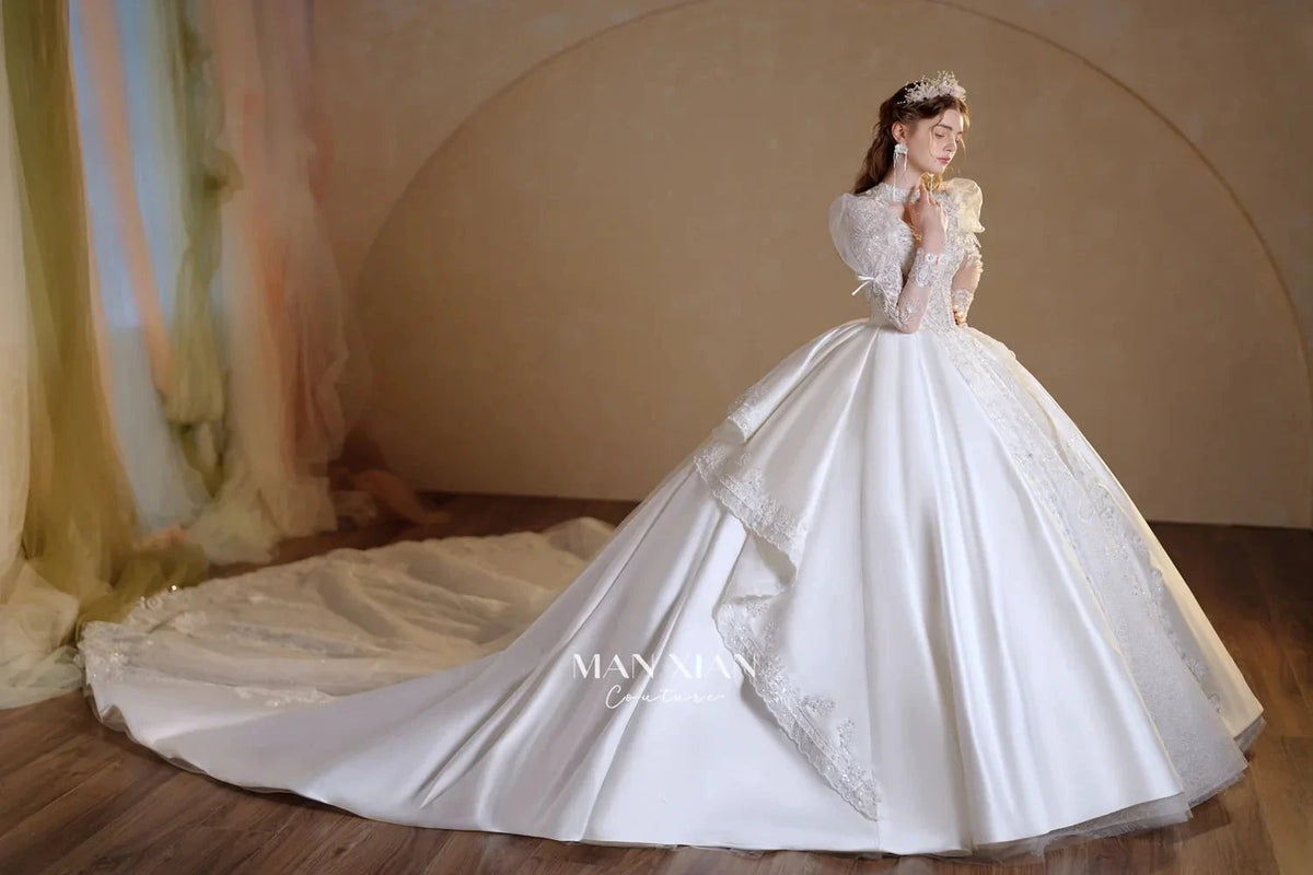 Gorgeous Long Ball Gown High Neck Sheer Long Sleeve Satin Wedding Dress with Crystal Embroidery & Train (ZD16940) - View 9 | VelvetHem