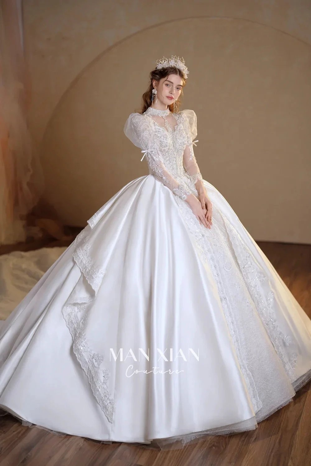 Gorgeous Long Ball Gown High Neck Sheer Long Sleeve Satin Wedding Dress with Crystal Embroidery & Train (ZD16940) - View 8 | VelvetHem