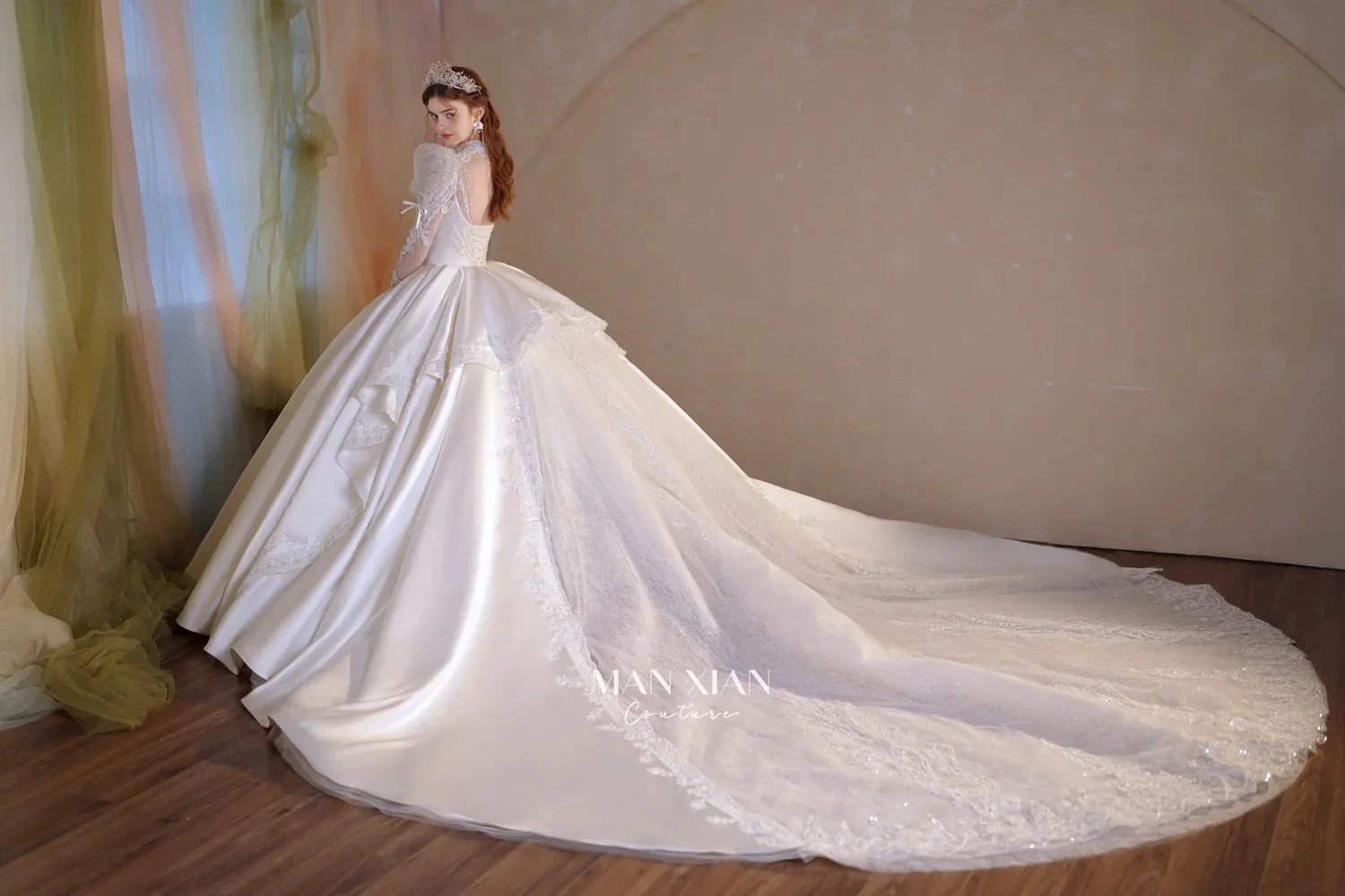 Gorgeous Long Ball Gown High Neck Sheer Long Sleeve Satin Wedding Dress with Crystal Embroidery & Train (ZD16940)
