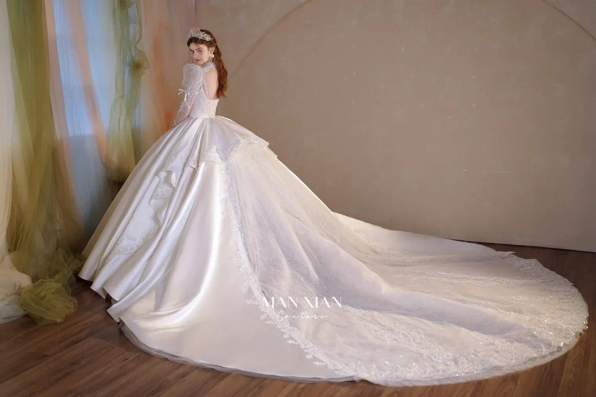 Gorgeous Long Ball Gown High Neck Sheer Long Sleeve Satin Wedding Dress with Crystal Embroidery & Train (ZD16940) - View 10 | VelvetHem