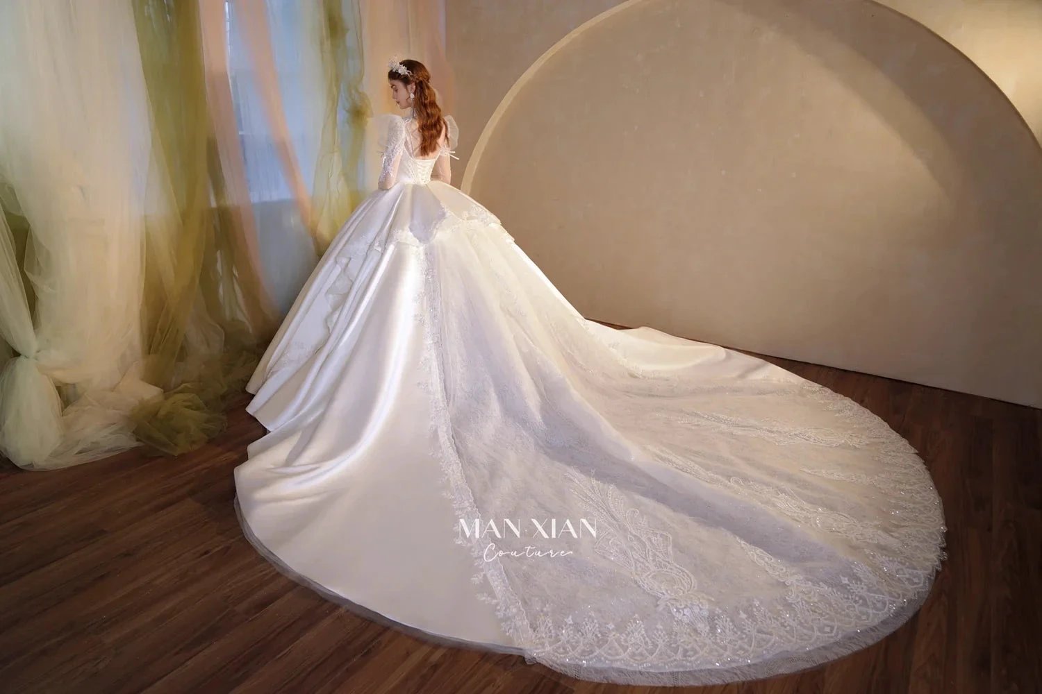Gorgeous Long Ball Gown High Neck Sheer Long Sleeve Satin Wedding Dress with Crystal Embroidery & Train (ZD16940)
