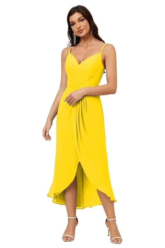 Numbersea Spaghetti Chiffon V Neck Bridesmaid Dress Mid-Length Slit Formal Prom Dress Homecoming Dress 2803 by numbersea