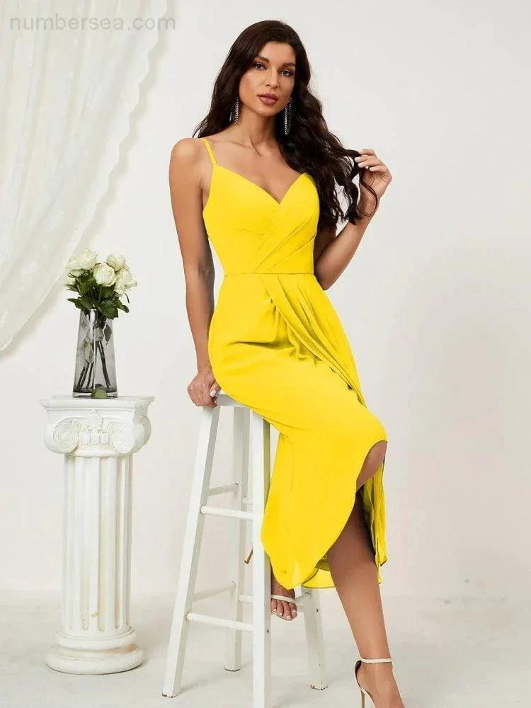 ZapDress Spaghetti Chiffon V Neck Bridesmaid Dress Mid-Length Slit Formal Prom Dress Homecoming Dress 2803 (ZD16952)