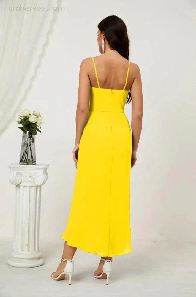 ZapDress Spaghetti Chiffon V Neck Bridesmaid Dress Mid-Length Slit Formal Prom Dress Homecoming Dress 2803 (ZD16952)