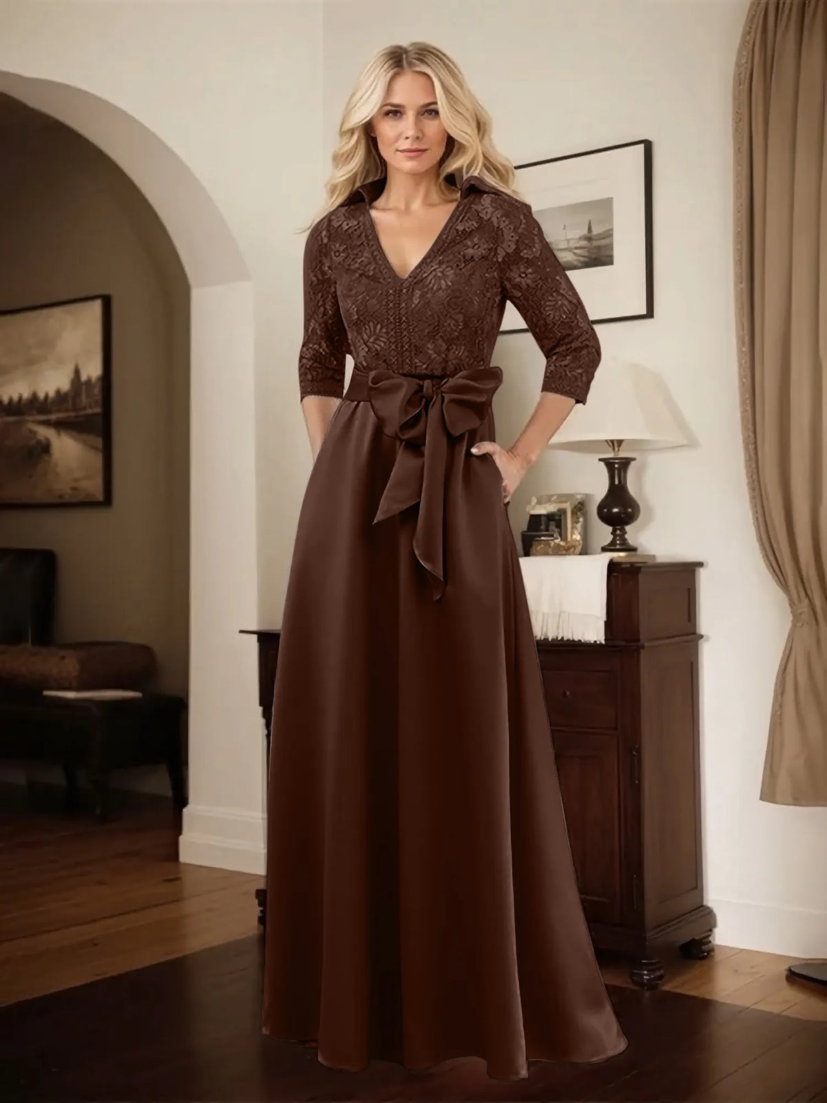 Classic V-Neck Bow Accented Satin Mother Of The Bride Dress With Lace - View 8 | FashionDia