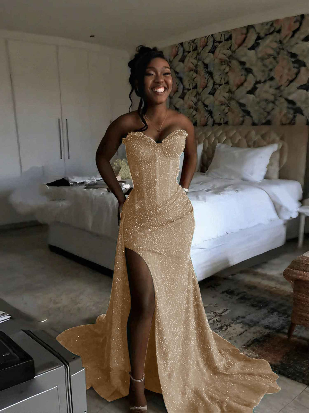 Glitter Strapless Mermaid Sequined Long Prom Dress with Slit (ZD17399)
