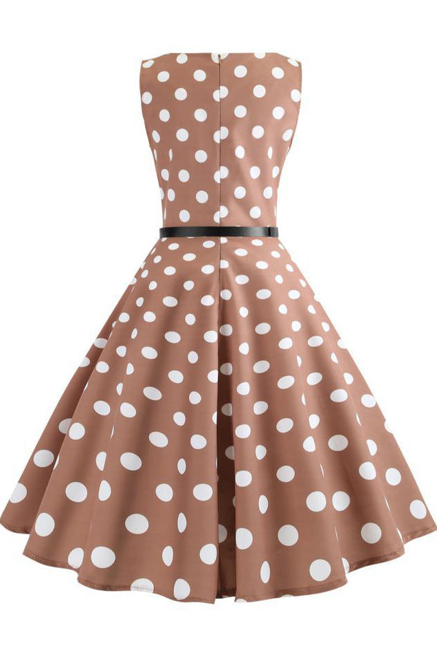 Brown Polka Dot Retro Sleeveless Dress - Fashionpara