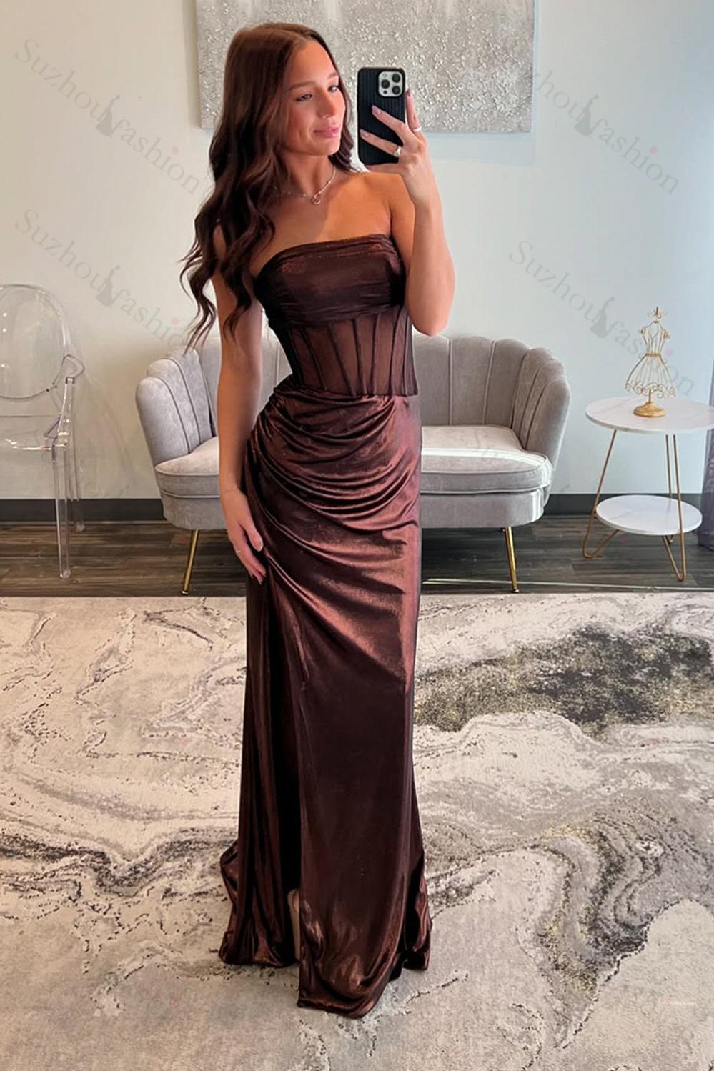 Brown Prom Dress Sheath Corset Sweetheart Formal Dress With Slit