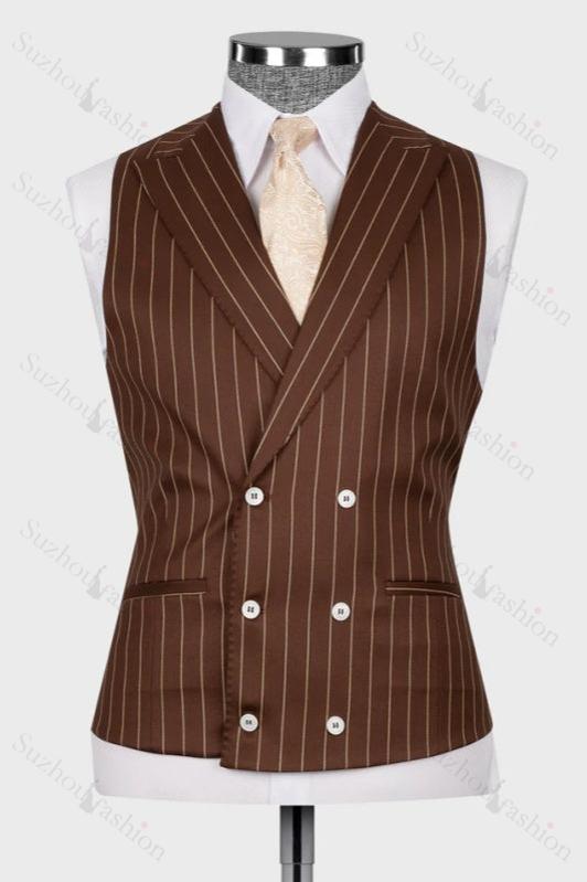 Brown Striped Peaked Lapel 3 Piece Business Men's Suit