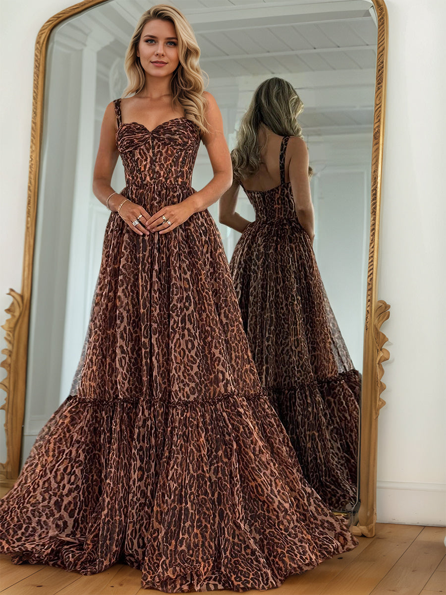 Brown Leopard Print Strappy Flowing Tiered Prom Dress - FashionDia