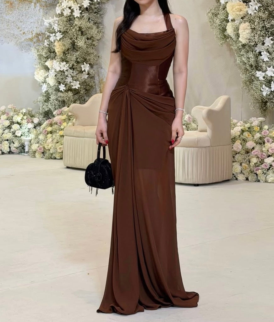 Brown Sheath Prom Dress Chiffon Wedding Guest Dress J9866