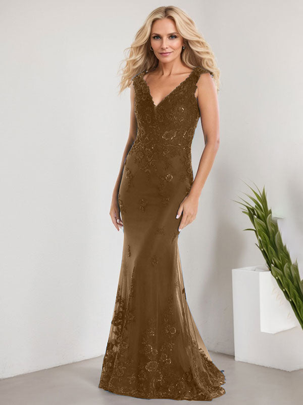 A-line V-Neck Floor-Length Lace Chiffon Mother of the Bride Dress With Applique Sequins Mermaid Dresses - View 7 | FashionDia
