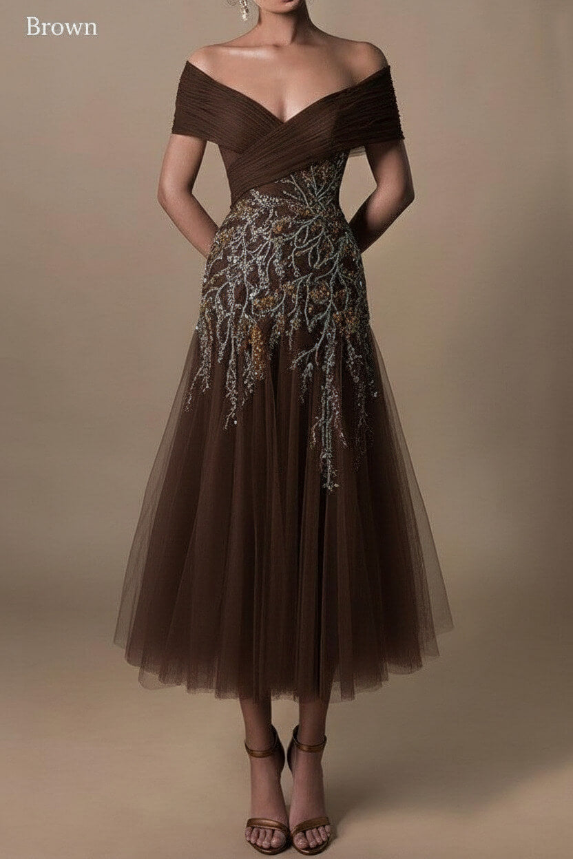Gorgeous Short Long Off-the-Shoulder Beadings Beach Bridal Dress With Lace