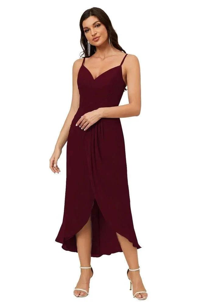 Numbersea Spaghetti Chiffon V Neck Bridesmaid Dress Mid-Length Slit Formal Prom Dress Homecoming Dress 2803 by numbersea