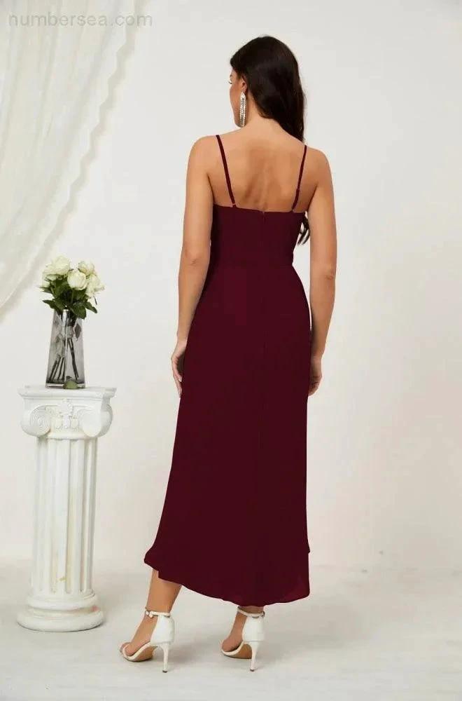 ZapDress Spaghetti Chiffon V Neck Bridesmaid Dress Mid-Length Slit Formal Prom Dress Homecoming Dress 2803 (ZD16952)