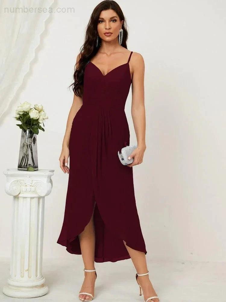 ZapDress Spaghetti Chiffon V Neck Bridesmaid Dress Mid-Length Slit Formal Prom Dress Homecoming Dress 2803 (ZD16952)