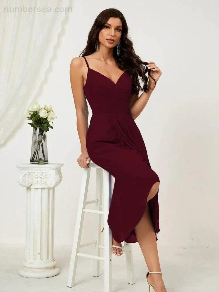 ZapDress Spaghetti Chiffon V Neck Bridesmaid Dress Mid-Length Slit Formal Prom Dress Homecoming Dress 2803 (ZD16952)