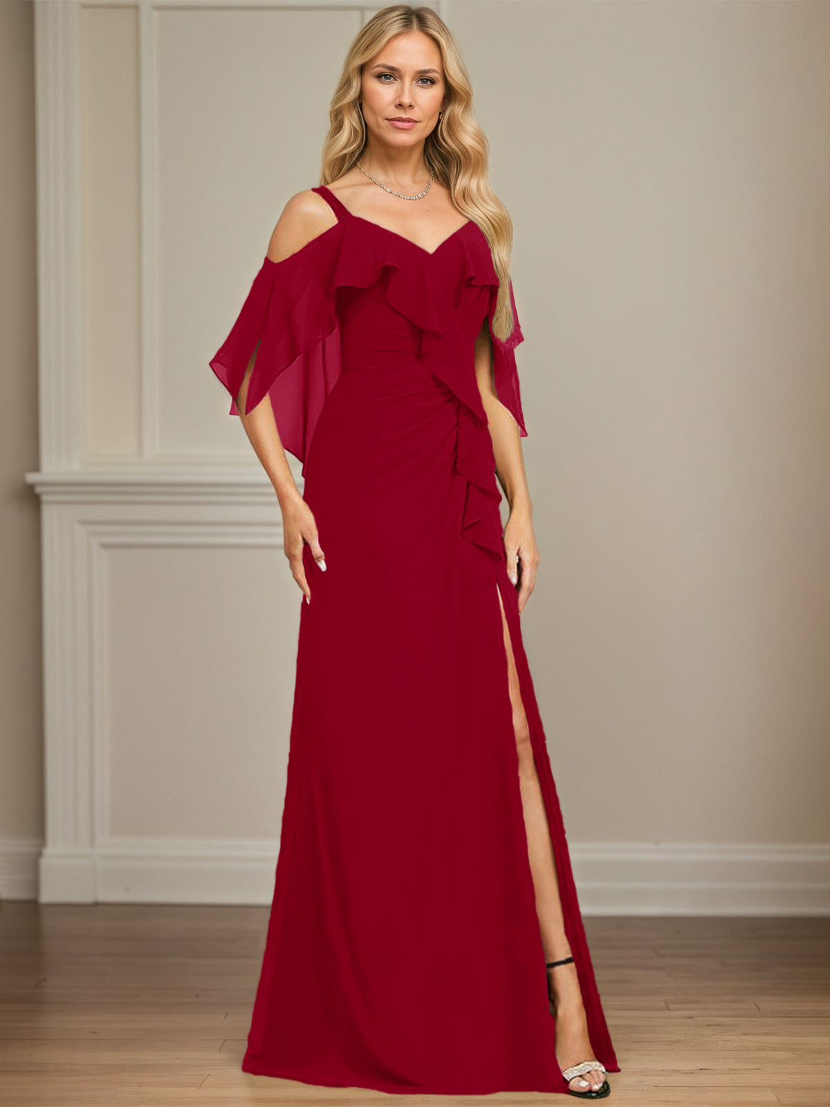 Sheath/Column Cold Shoulder V-Neck Floor-Length Chiffon Dress With Cascading Ruffles Sequins Beading - View 9 | FashionDia