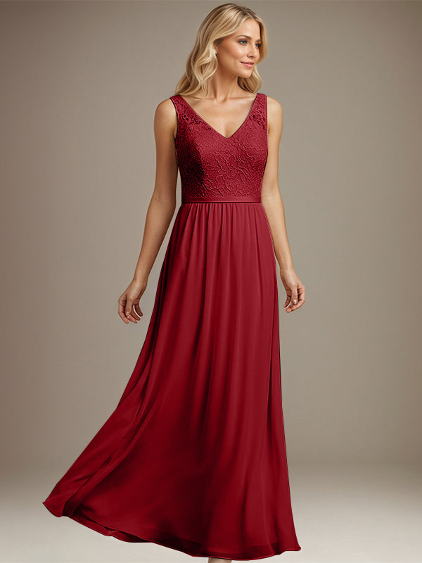 Dusty Blue A-Line V-Neck Floor-Length Lace Chiffon Mother of the Bride Dress - View 5 | FashionDia