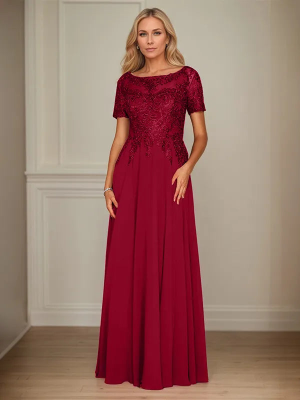 A-Line Chiffon Boat Neck Short Sleeves Floor-Length Mother of the Bride Dresses - View 5 | FashionDia