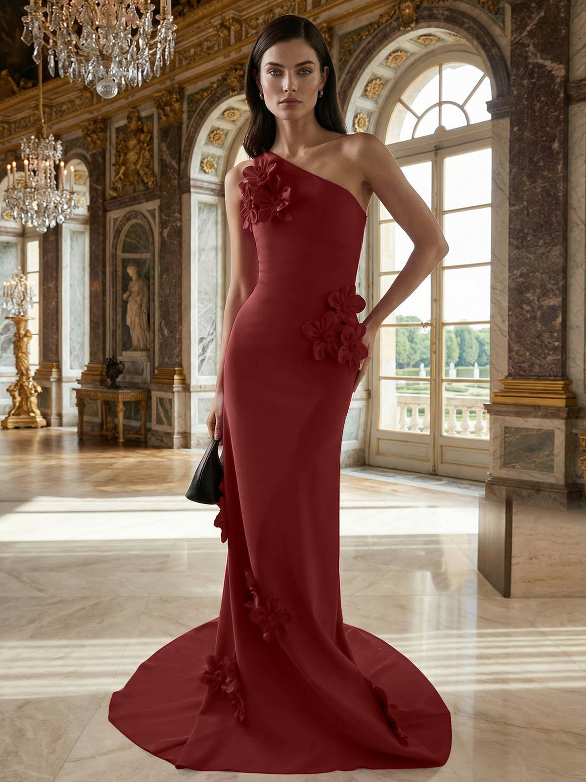 A-Line One-Shoulder Sleeveless Floor-Length Stretch Crepe Dress With 3D Flowers - View 4 | FashionDia