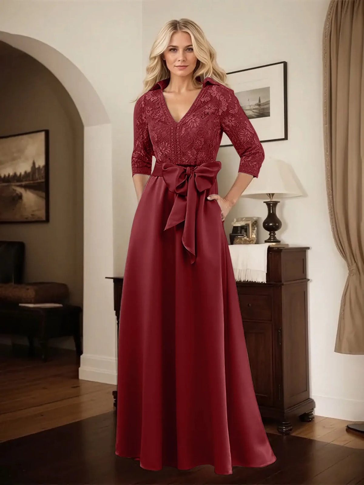 Classic V-Neck Bow Accented Satin Mother Of The Bride Dress With Lace - View 9 | FashionDia