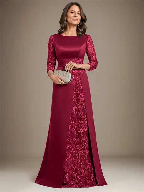 A-Line Scoop Floor-Length Lace Satin Mother Of the Bride Dress With Applique - View 13 | FashionDia