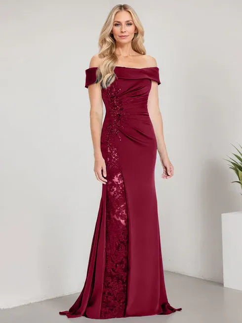 A-Line Off-the-Shoulder Floor-Length Mother of the Bride Dress Applique Beadings Mermaid Dress With High Split - View 8 | FashionDia