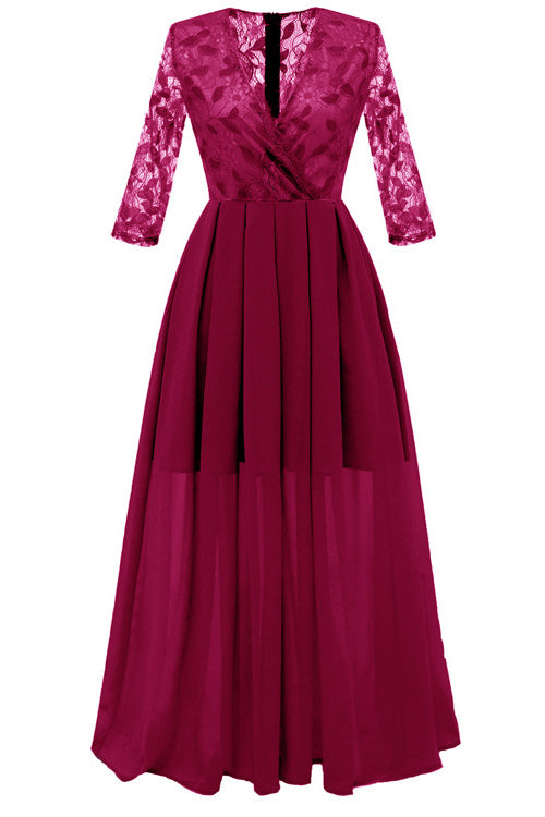 Pink A-line Lace Prom Dress With Long Sleeves - Fashionpara