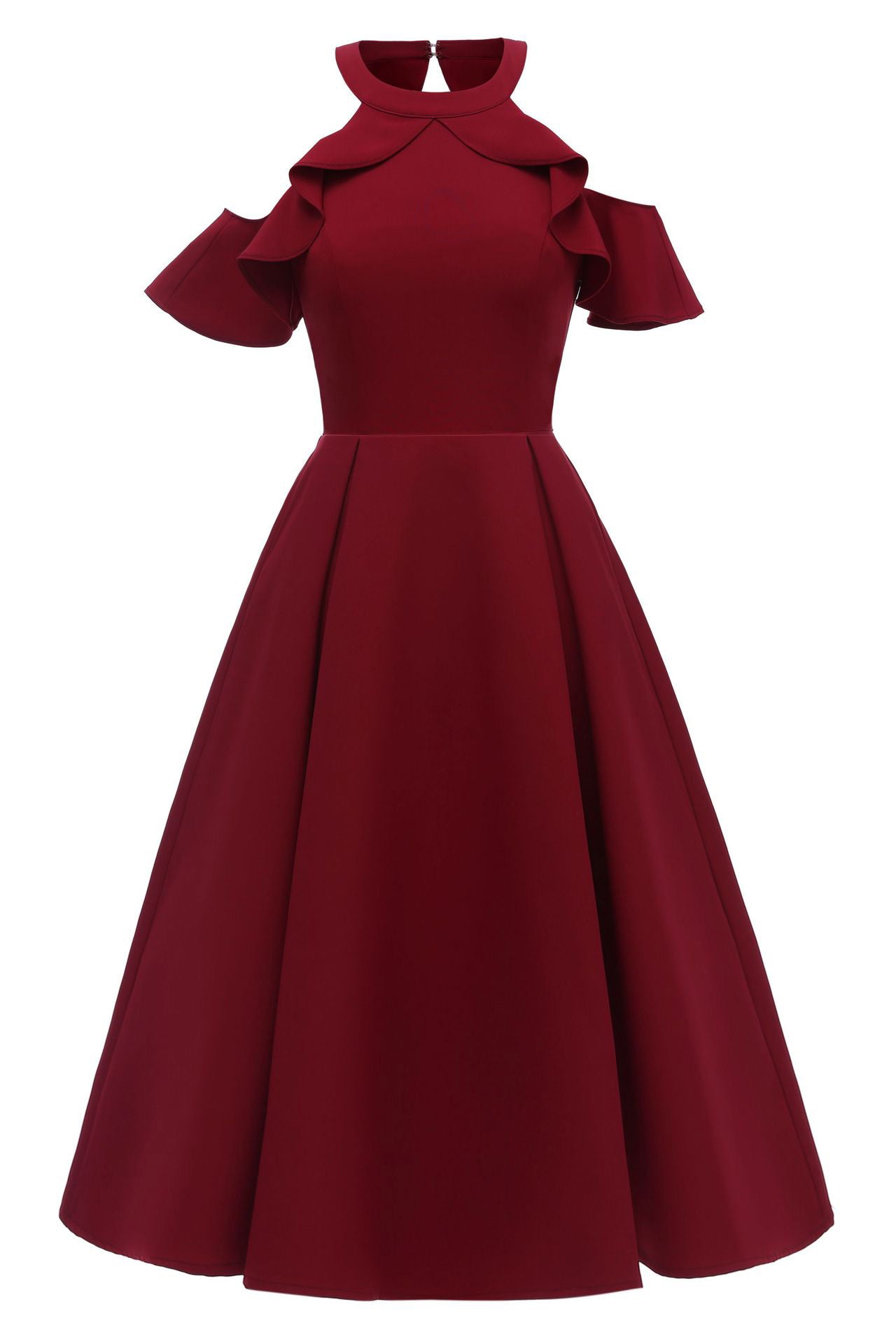 Burgundy Fit And Flare Ruffled Off-the-shoulder Homecoming Dress - Fashionpara