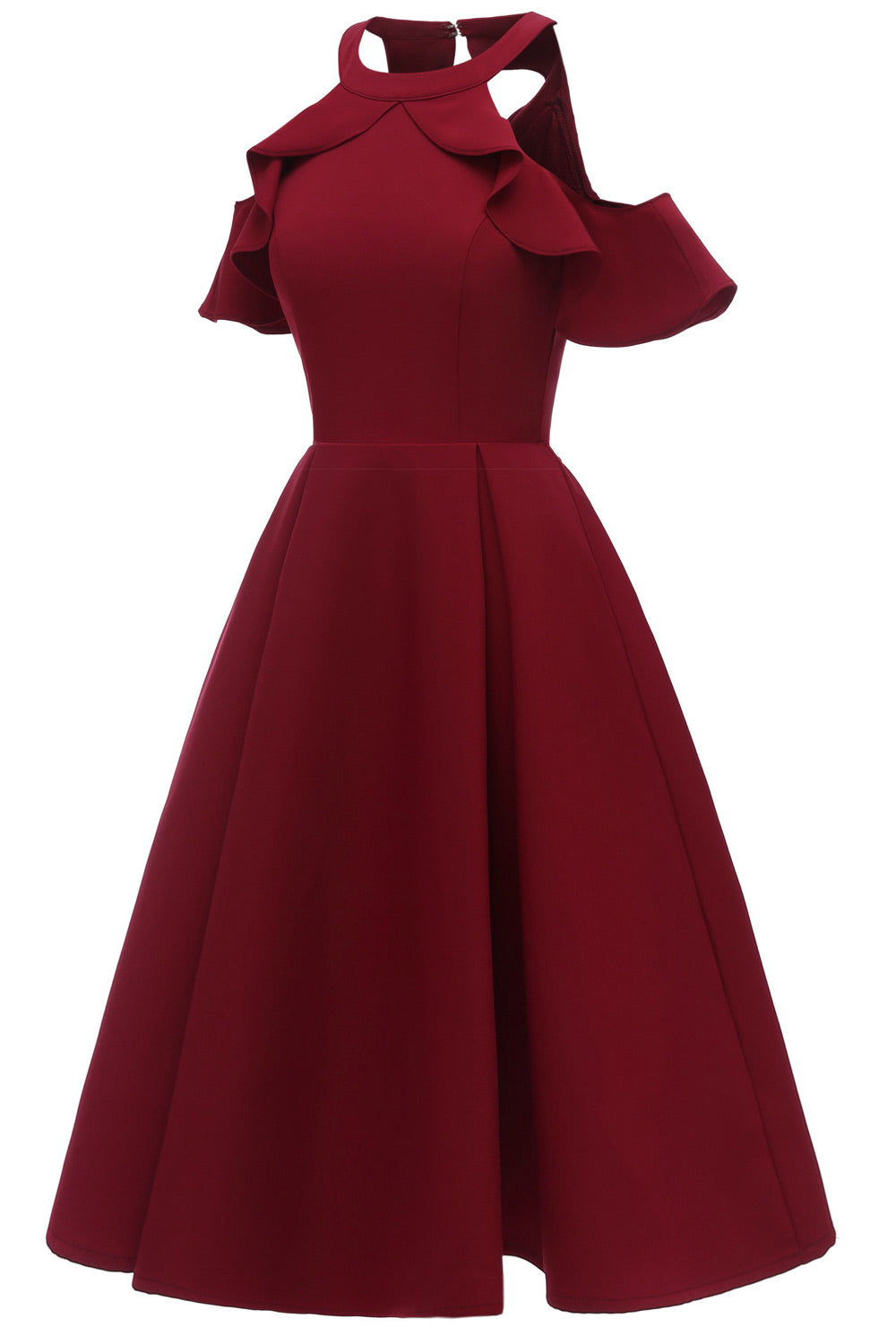 Burgundy Fit And Flare Ruffled Off-the-shoulder Homecoming Dress - Fashionpara